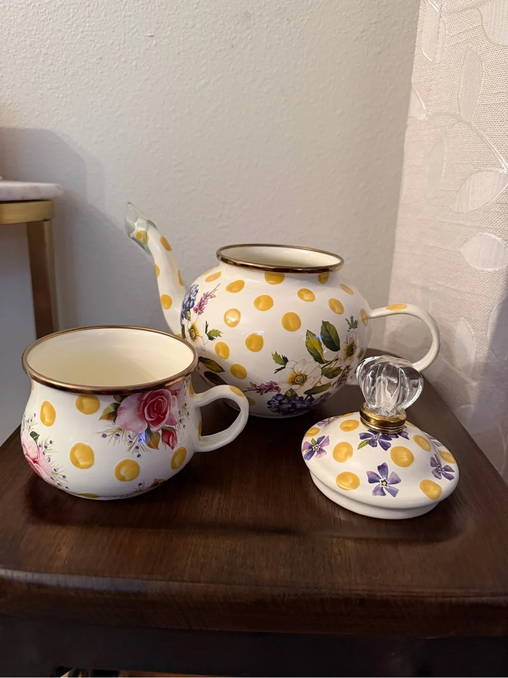 MacKenzie-Childs High Tea Yellow Polka Dot Floral Teapot